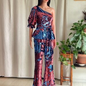 Amy Lynn Blue Red Sequin Belted Jumpsuit One Shoulder Peplum Disco Mermaidcore M